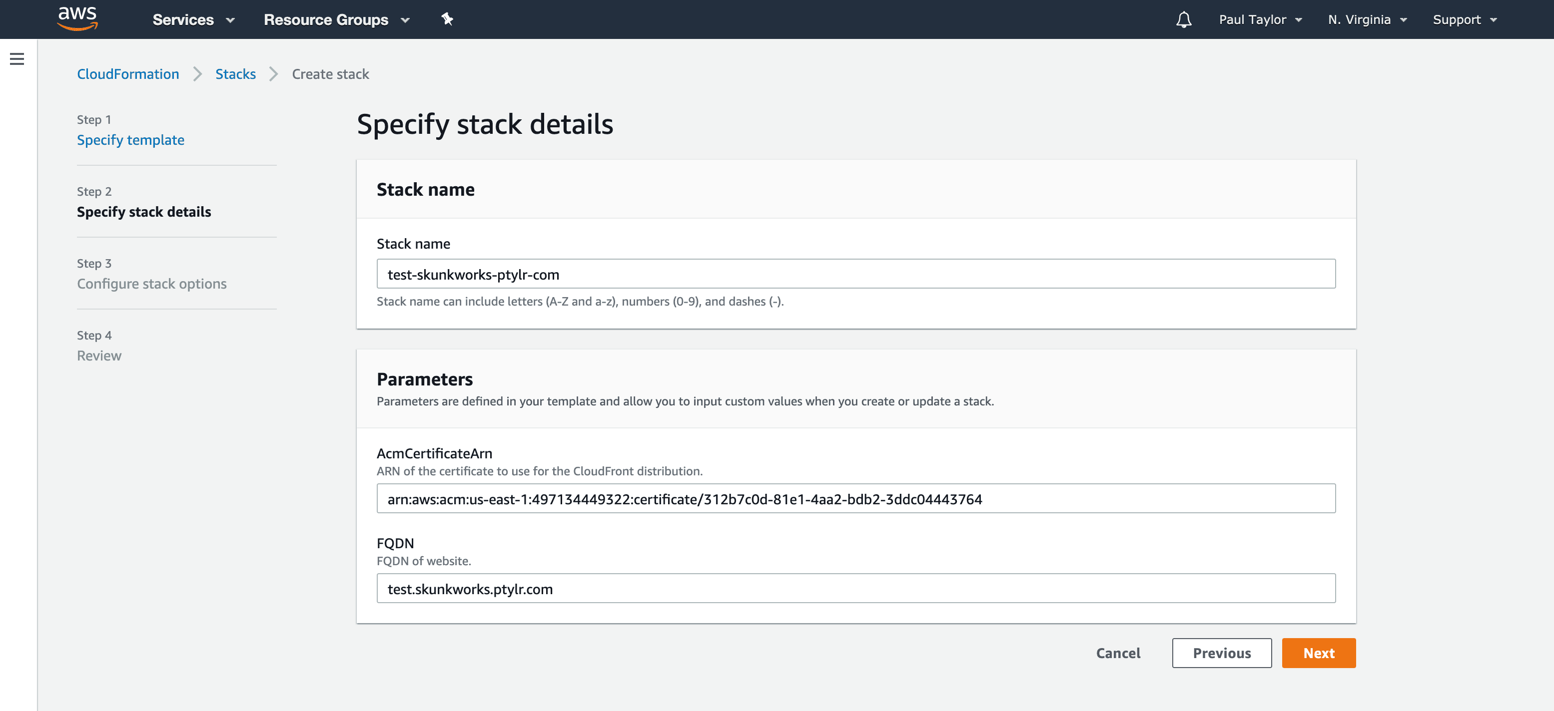 Specify Stack Details - Screenshot